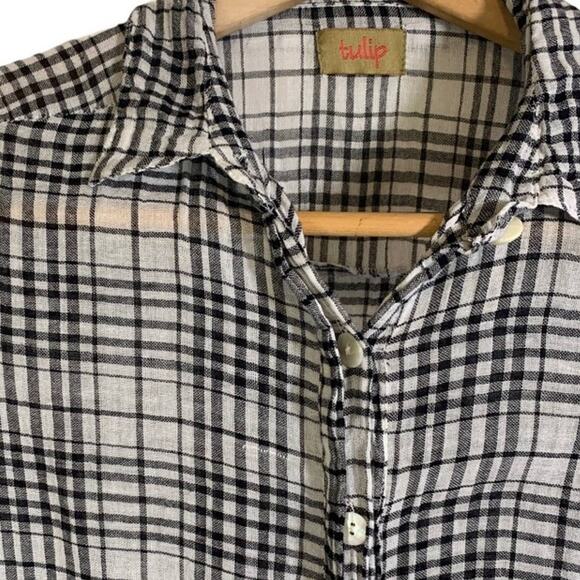 Tulip | Small | Black and White Plaid Gauzy Babydoll Button Down Top Shirt - Picture 2 of 4